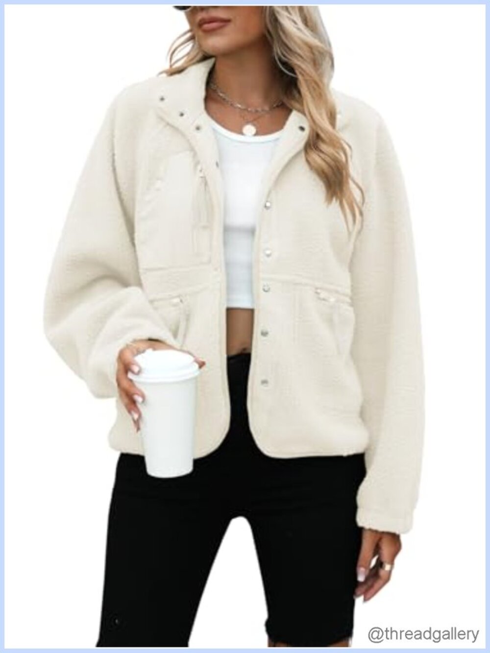 Sherpa Fleece Button Down Jacket Fuzzy Oversized Cropped